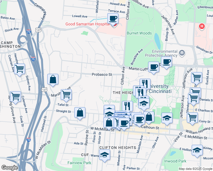 map of restaurants, bars, coffee shops, grocery stores, and more near 2811 Stratford Avenue in Cincinnati