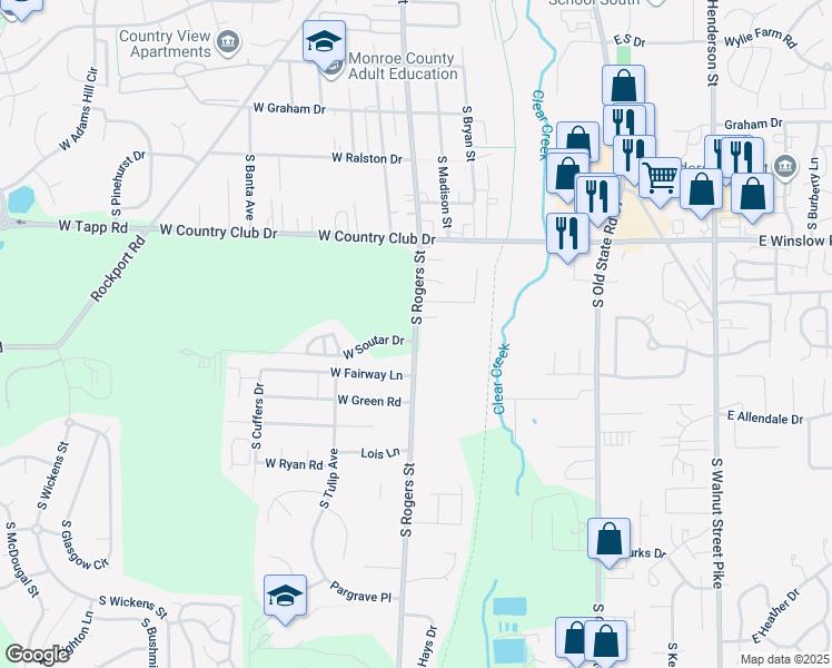 map of restaurants, bars, coffee shops, grocery stores, and more near 2923 South Rogers Street in Bloomington