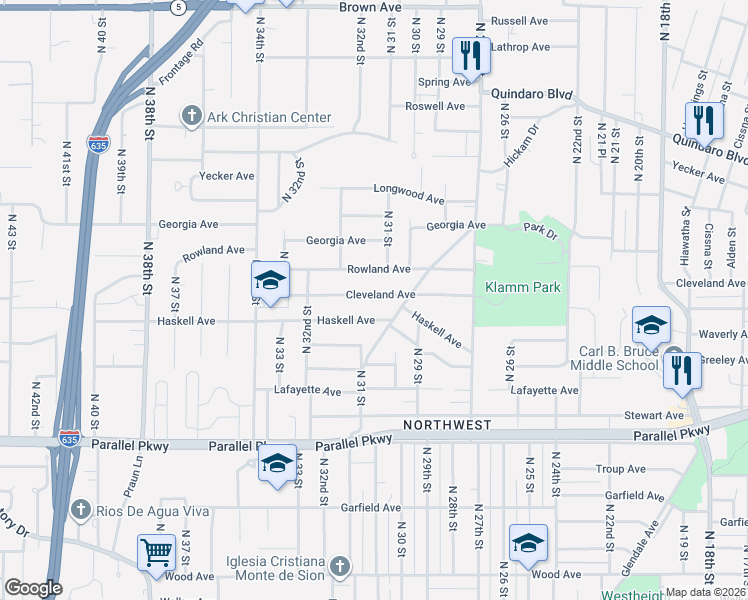map of restaurants, bars, coffee shops, grocery stores, and more near 3154 Cleveland Avenue in Kansas City