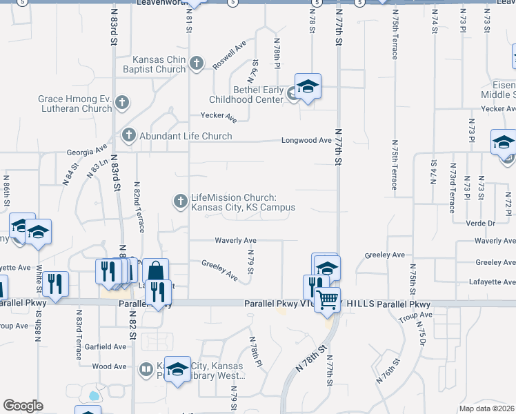map of restaurants, bars, coffee shops, grocery stores, and more near 7915 Cleveland Avenue in Kansas City