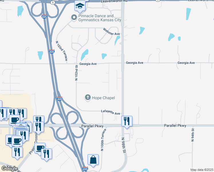 map of restaurants, bars, coffee shops, grocery stores, and more near 10001 Cleveland Avenue in Kansas City