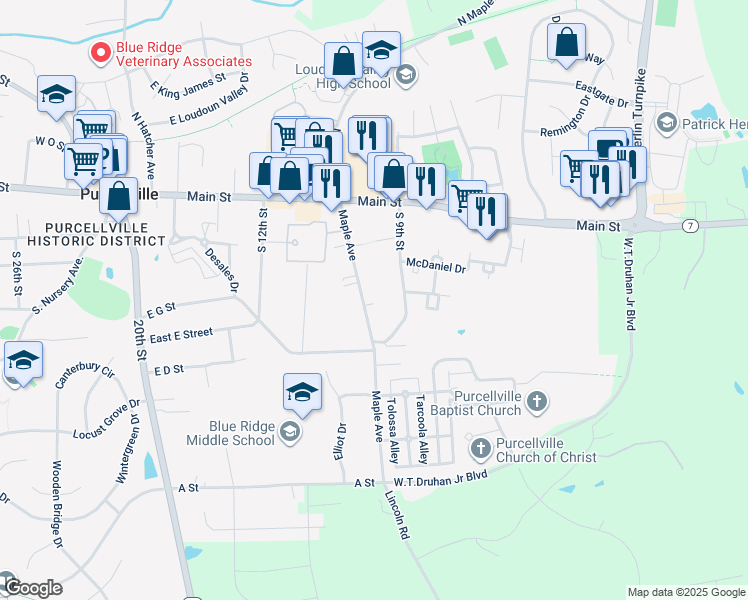 map of restaurants, bars, coffee shops, grocery stores, and more near 420 South Maple Avenue in Purcellville