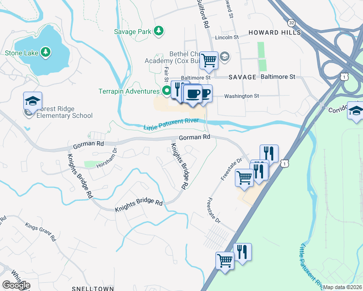 map of restaurants, bars, coffee shops, grocery stores, and more near 9015 Thamesmeade Road in Laurel