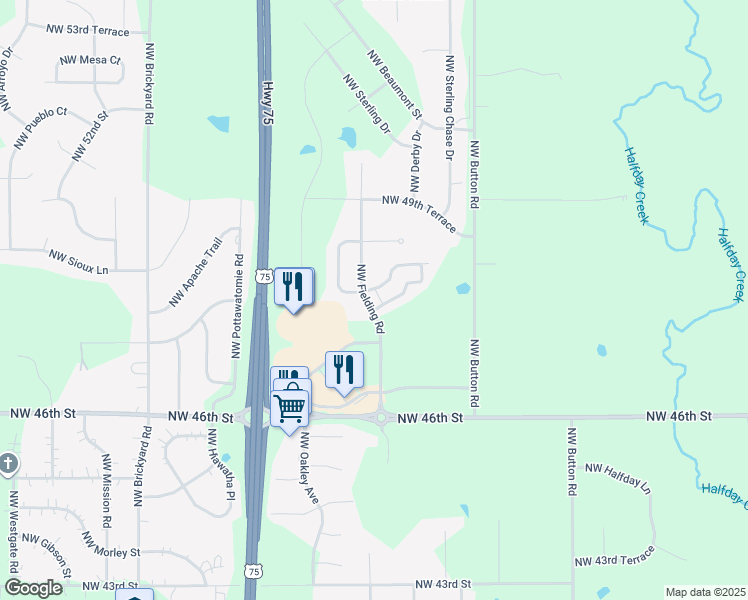 map of restaurants, bars, coffee shops, grocery stores, and more near 4800 Northwest Fielding Place in Topeka
