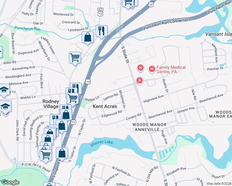map of restaurants, bars, coffee shops, grocery stores, and more near 71 Saxton Road in Dover