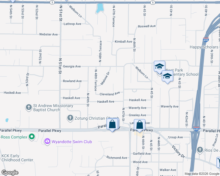 map of restaurants, bars, coffee shops, grocery stores, and more near 2506 North 47th Terrace in Kansas City