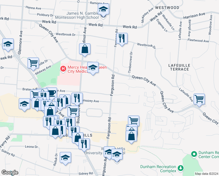 map of restaurants, bars, coffee shops, grocery stores, and more near 2549 Ferguson Road in Cincinnati