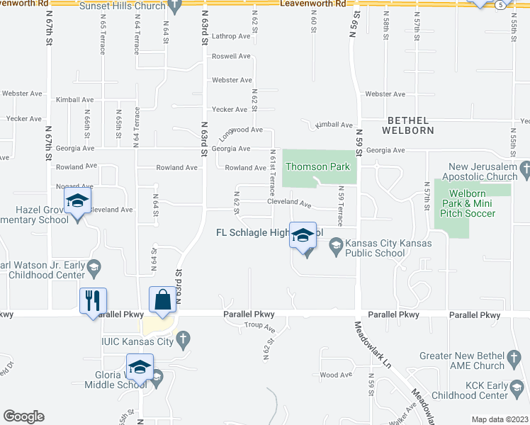 map of restaurants, bars, coffee shops, grocery stores, and more near 6115 Cleveland Avenue in Kansas City