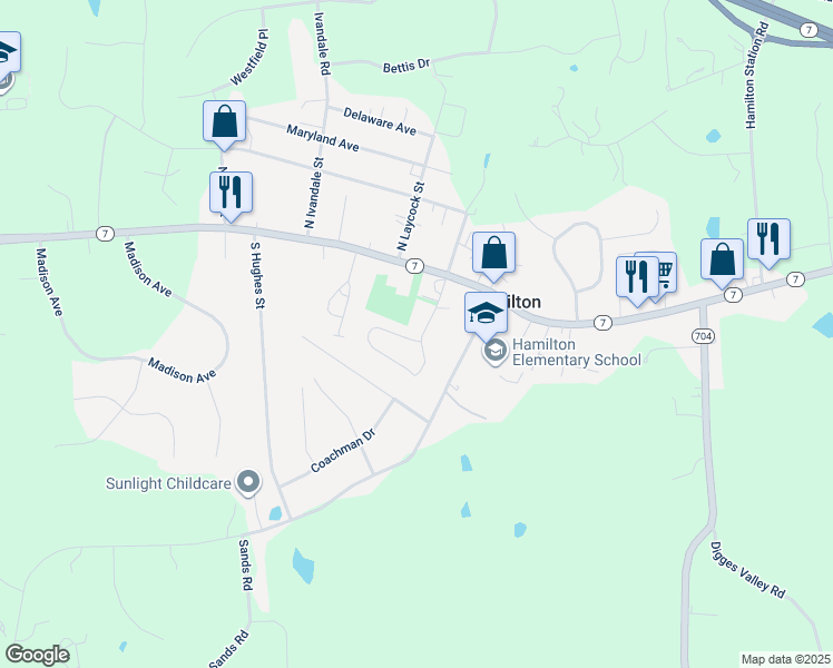 map of restaurants, bars, coffee shops, grocery stores, and more near 70 South Rogers Street in Hamilton