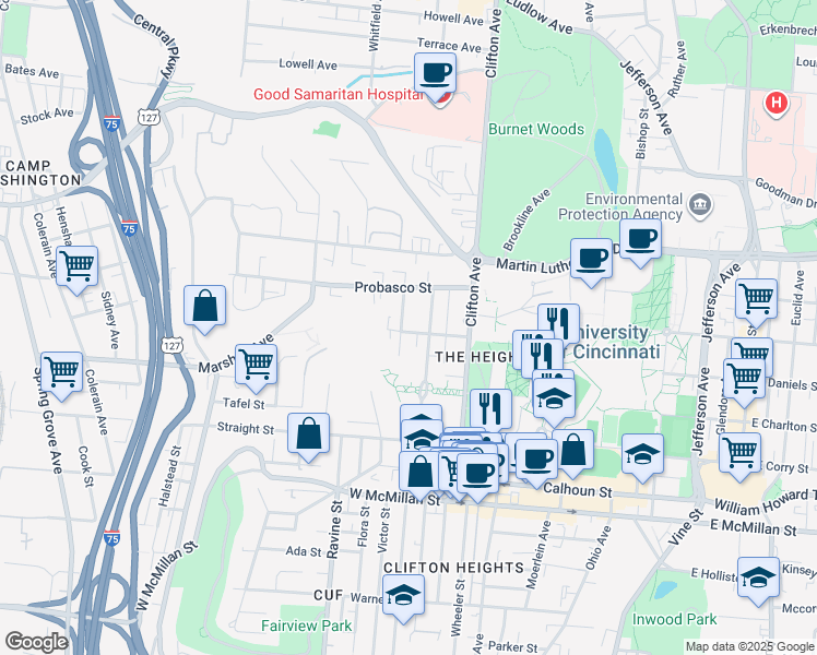 map of restaurants, bars, coffee shops, grocery stores, and more near 350 Joselin Avenue in Cincinnati
