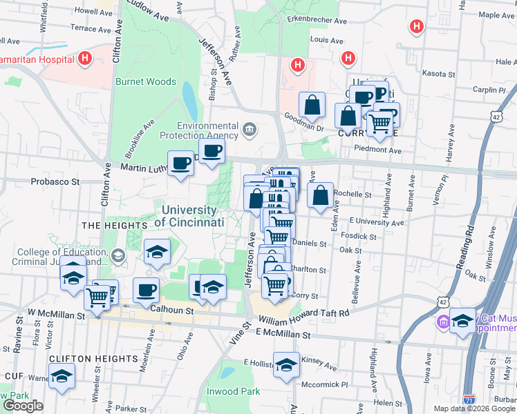 map of restaurants, bars, coffee shops, grocery stores, and more near 2915 Glendora Avenue in Cincinnati