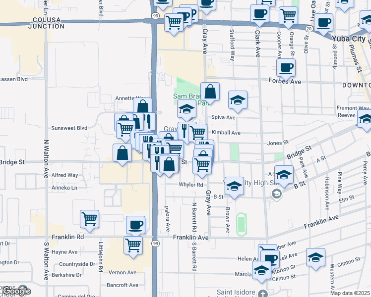 map of restaurants, bars, coffee shops, grocery stores, and more near 1191 Bridge Street in Yuba City