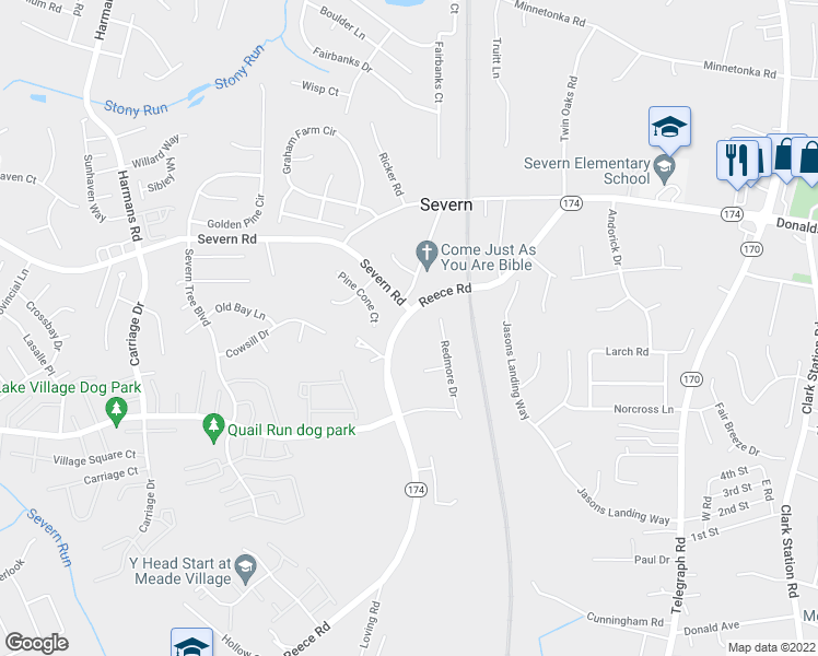 map of restaurants, bars, coffee shops, grocery stores, and more near 973 Reece Road in Severn