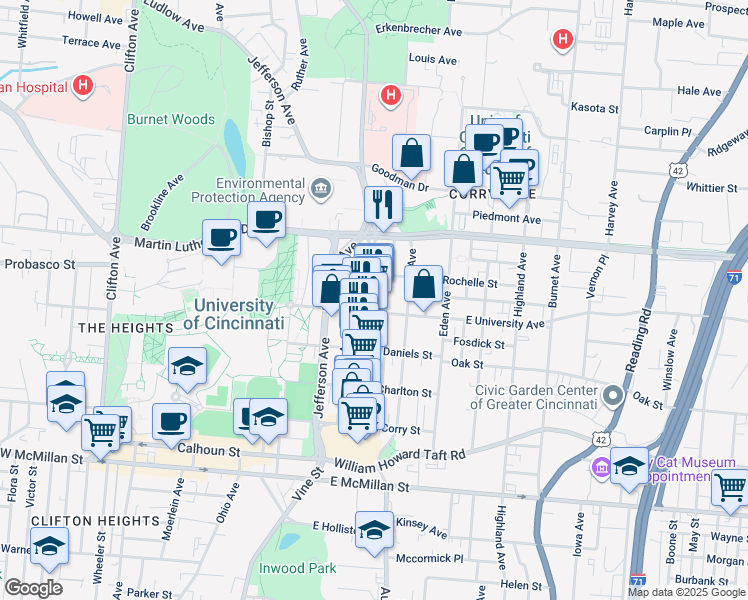 map of restaurants, bars, coffee shops, grocery stores, and more near 2906 Vine Street in Cincinnati