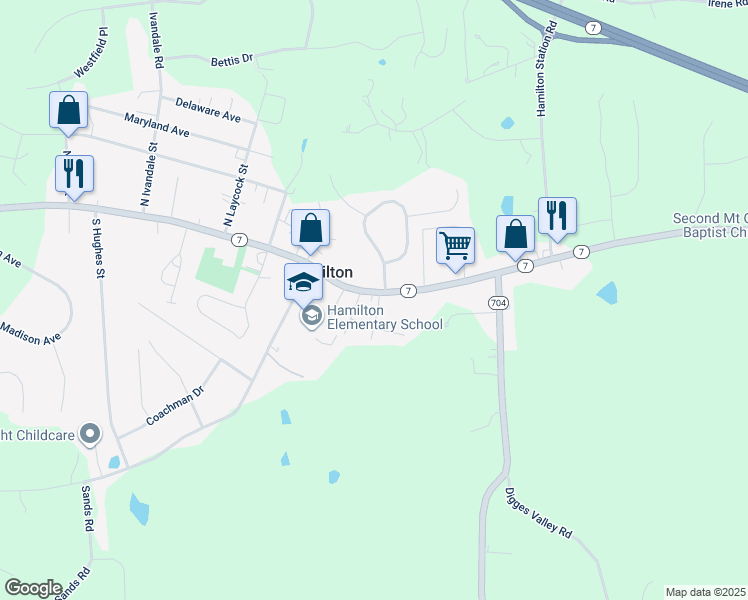 map of restaurants, bars, coffee shops, grocery stores, and more near 220 East Colonial Highway in Hamilton