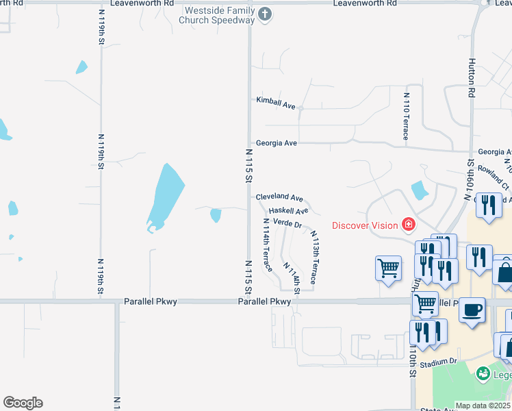 map of restaurants, bars, coffee shops, grocery stores, and more near 2414 North 114th Terrace in Kansas City
