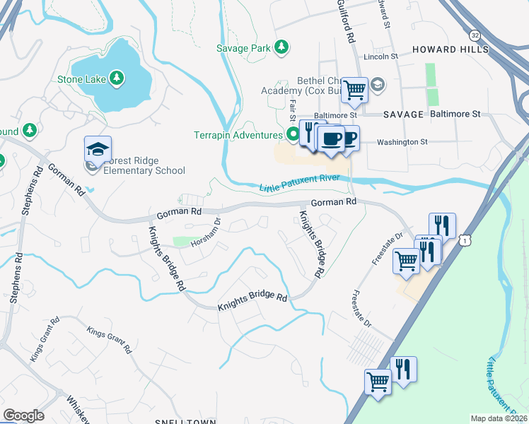 map of restaurants, bars, coffee shops, grocery stores, and more near 9363 Breamore Court in Laurel