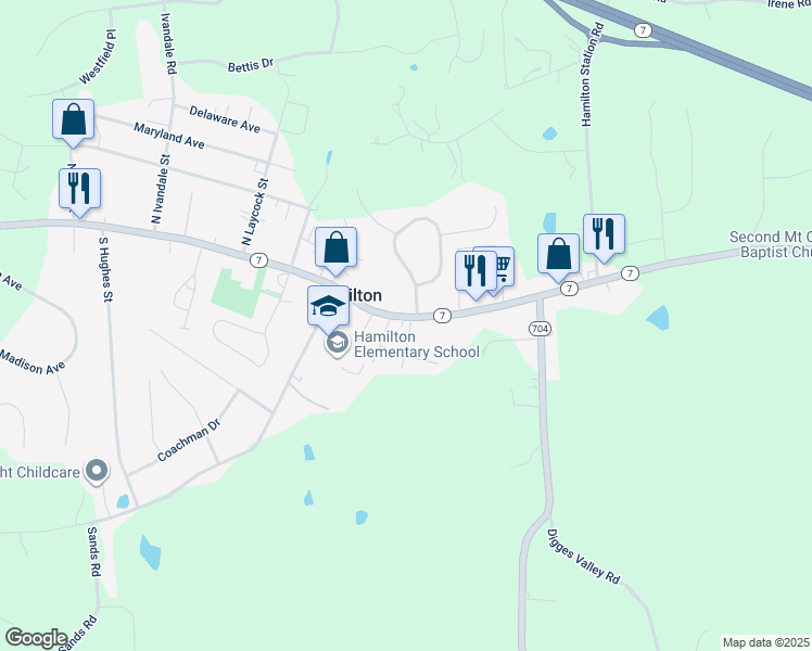 map of restaurants, bars, coffee shops, grocery stores, and more near 220 East Colonial Highway in Hamilton