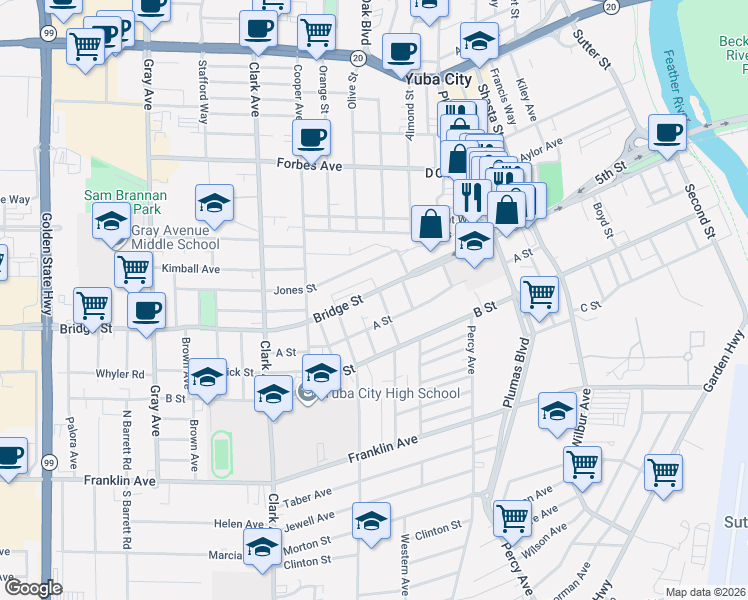 map of restaurants, bars, coffee shops, grocery stores, and more near 658 Bridge Street in Yuba City