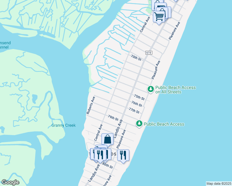 map of restaurants, bars, coffee shops, grocery stores, and more near 7509 Central Avenue in Sea Isle City