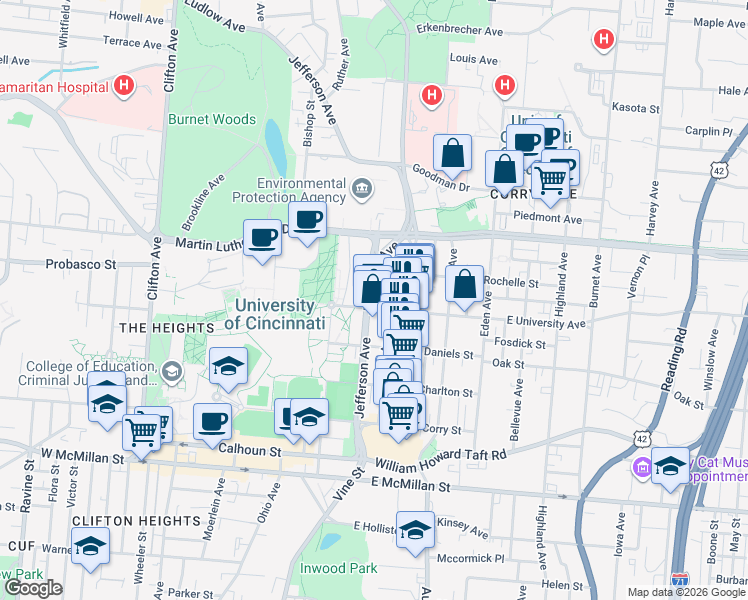 map of restaurants, bars, coffee shops, grocery stores, and more near 2915 Glendora Avenue in Cincinnati