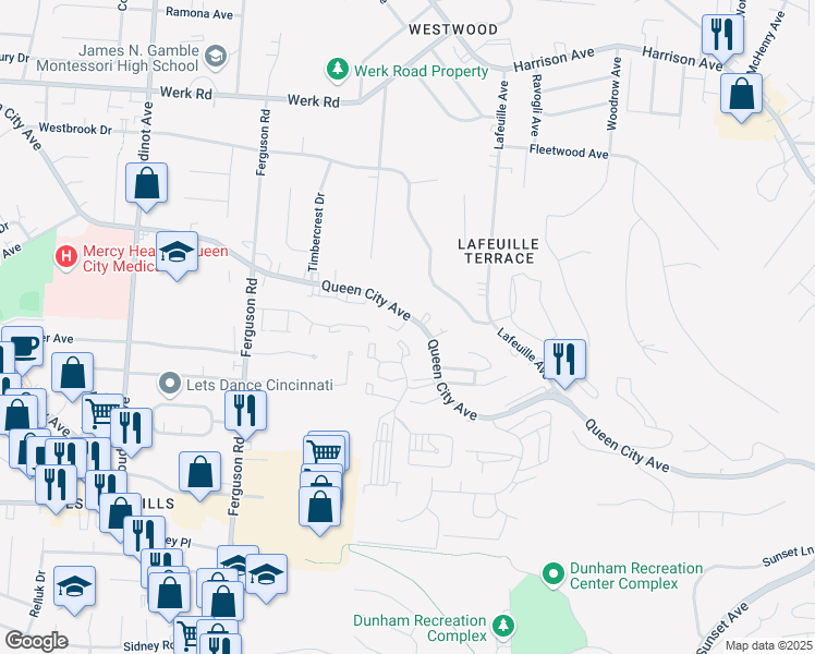 map of restaurants, bars, coffee shops, grocery stores, and more near 2771 Queen City Avenue in Cincinnati