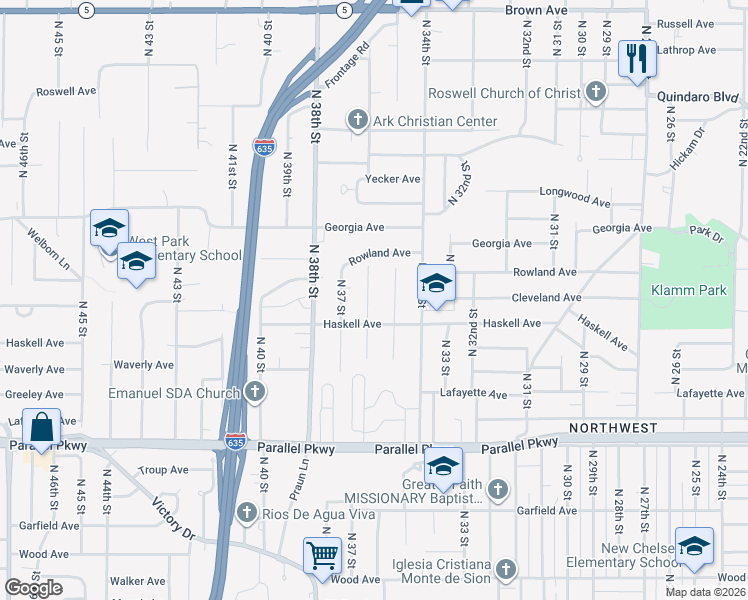 map of restaurants, bars, coffee shops, grocery stores, and more near 2427 North 36th Street in Kansas City