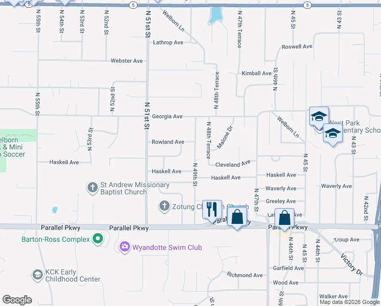 map of restaurants, bars, coffee shops, grocery stores, and more near 2511 North 49 Terrace in Kansas City
