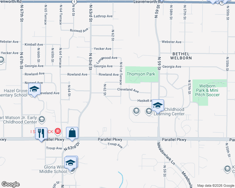 map of restaurants, bars, coffee shops, grocery stores, and more near 6115 Cleveland Avenue in Kansas City