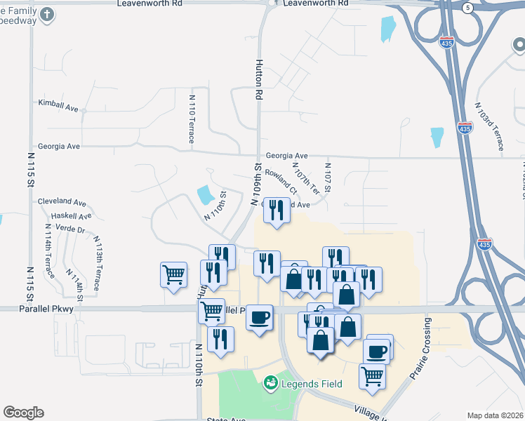 map of restaurants, bars, coffee shops, grocery stores, and more near 10839 Cleveland Avenue in Kansas City