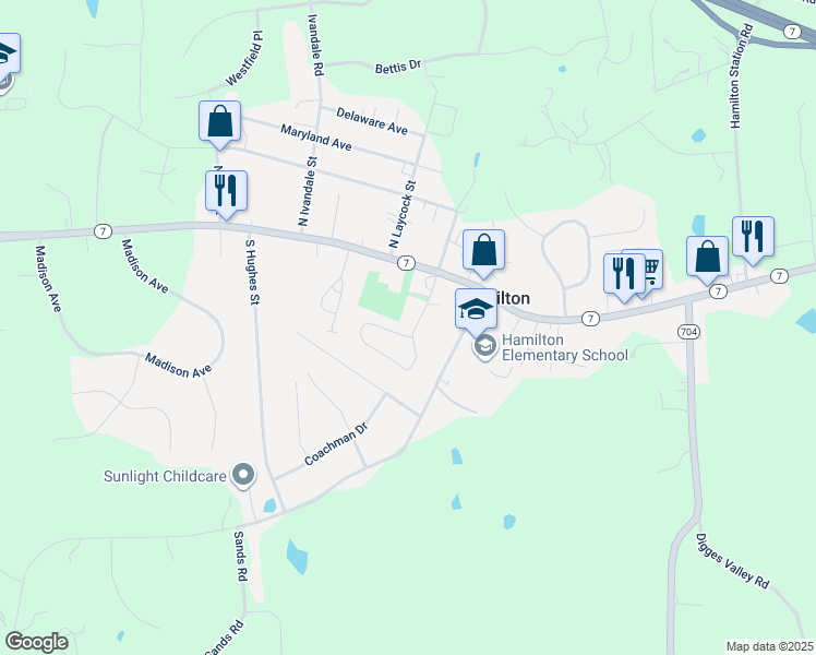 map of restaurants, bars, coffee shops, grocery stores, and more near 70 South Rogers Street in Hamilton