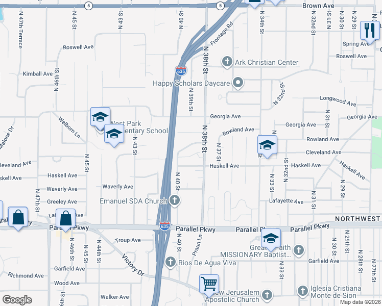 map of restaurants, bars, coffee shops, grocery stores, and more near 2410 North 38th Street in Kansas City