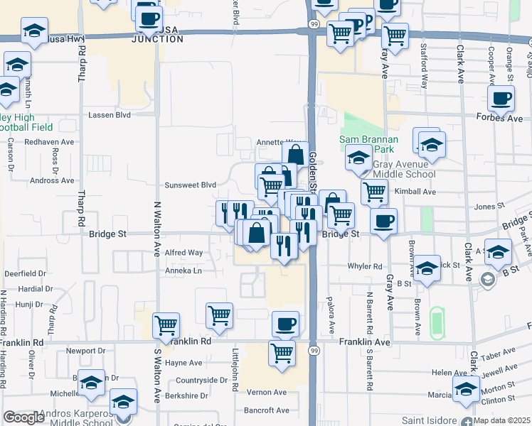 map of restaurants, bars, coffee shops, grocery stores, and more near 700 West Onstott Road in Yuba City