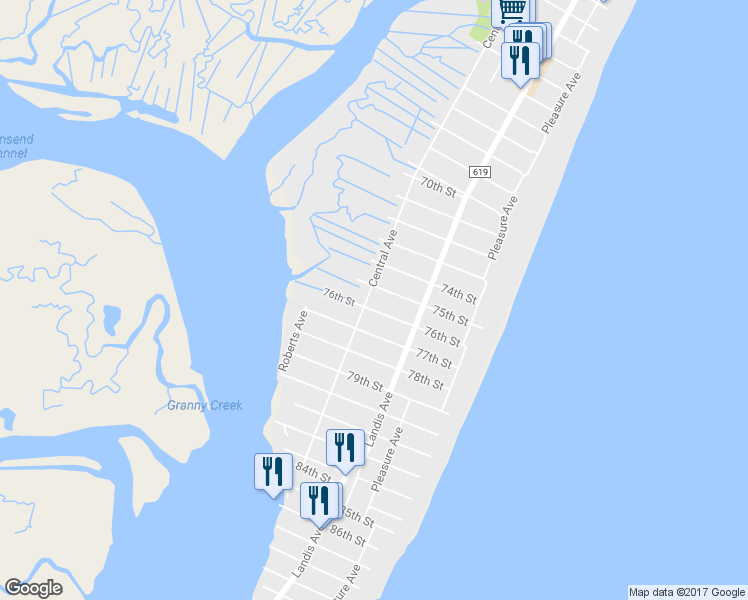 map of restaurants, bars, coffee shops, grocery stores, and more near 7509 Central Avenue in Sea Isle City