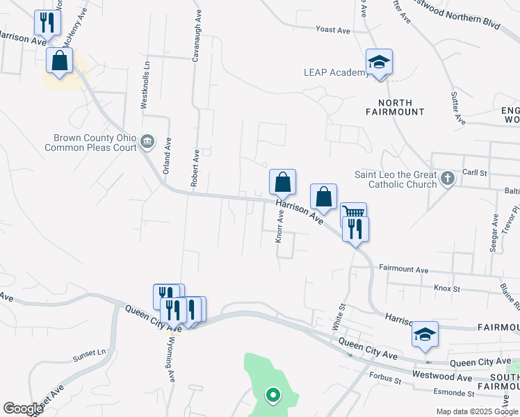 map of restaurants, bars, coffee shops, grocery stores, and more near 2101 Harrison Avenue in Cincinnati