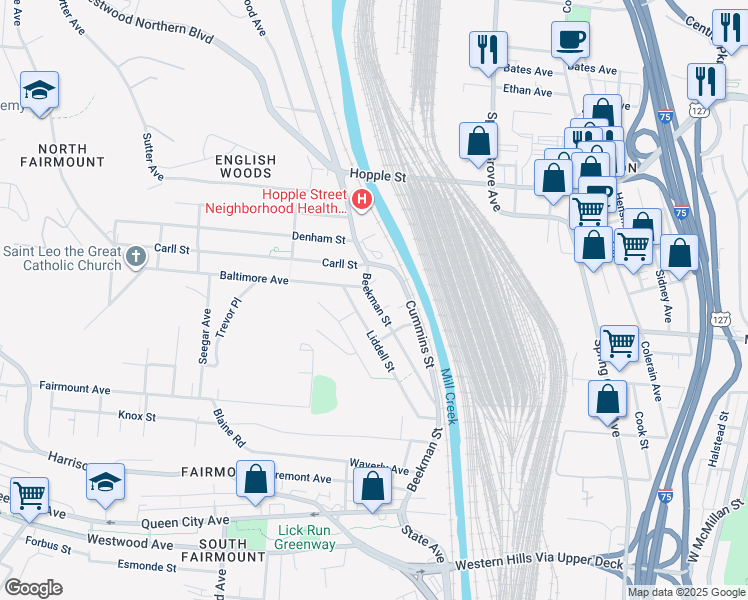 map of restaurants, bars, coffee shops, grocery stores, and more near Beekman Street in Cincinnati