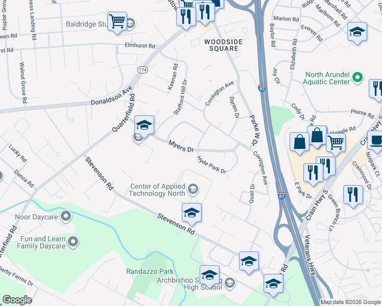 map of restaurants, bars, coffee shops, grocery stores, and more near 7923 Myers Drive in Glen Burnie