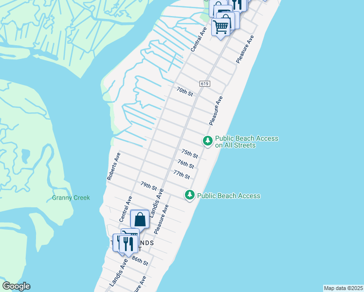 map of restaurants, bars, coffee shops, grocery stores, and more near 7409 Landis Avenue in Sea Isle City