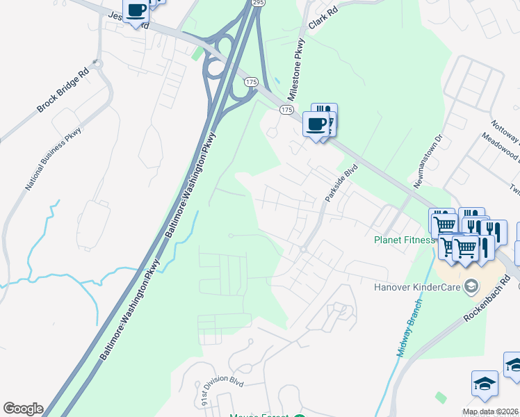 map of restaurants, bars, coffee shops, grocery stores, and more near 7932 South Gladden Farm Way in Hanover