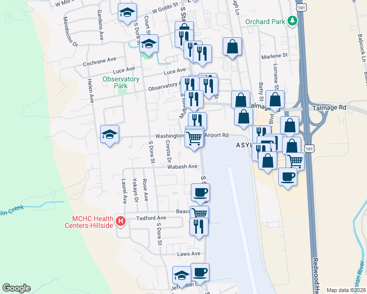 map of restaurants, bars, coffee shops, grocery stores, and more near 195 Washington Court in Ukiah