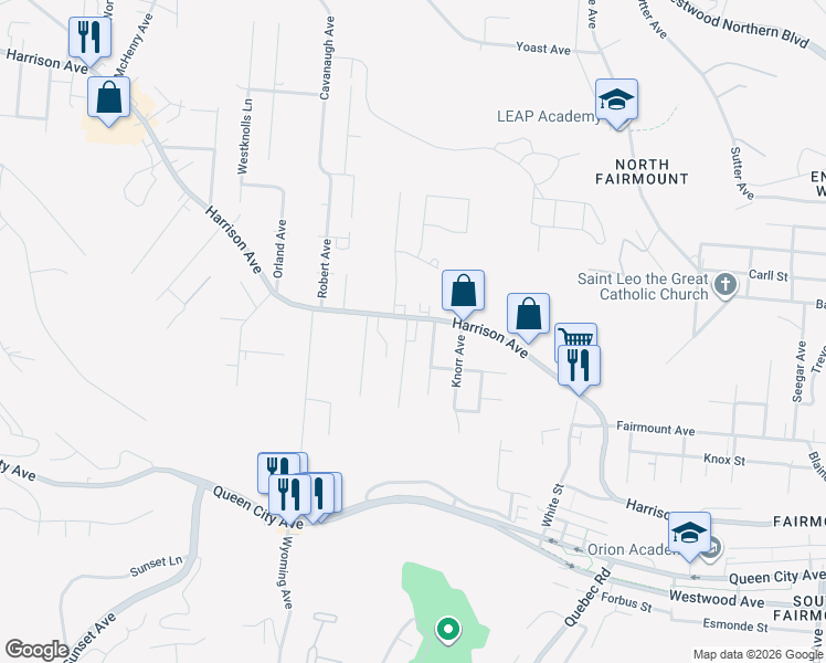 map of restaurants, bars, coffee shops, grocery stores, and more near 2101 Harrison Avenue in Cincinnati
