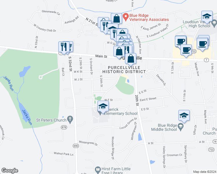 map of restaurants, bars, coffee shops, grocery stores, and more near 331 South Nursery Avenue in Purcellville