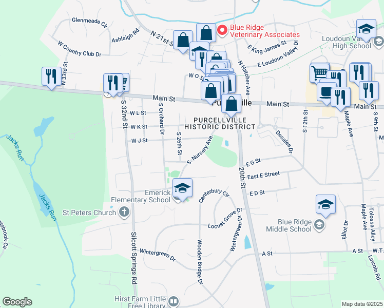 map of restaurants, bars, coffee shops, grocery stores, and more near 331 South Nursery Avenue in Purcellville
