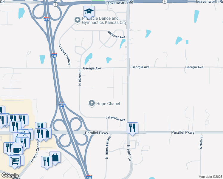 map of restaurants, bars, coffee shops, grocery stores, and more near 10001 Cleveland Avenue in Kansas City