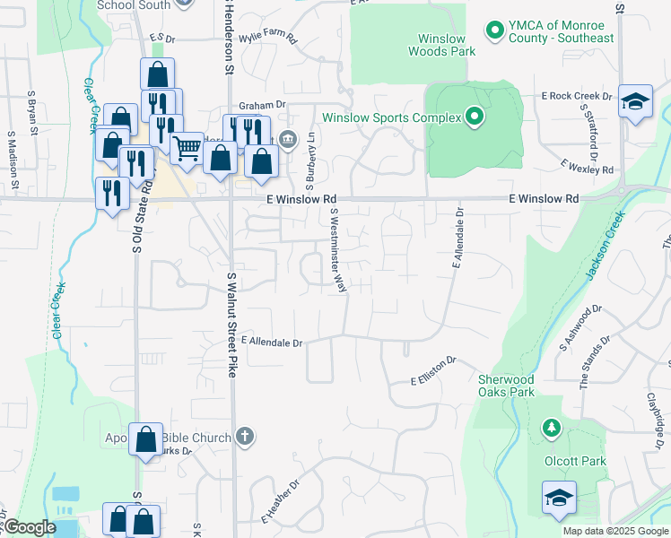 map of restaurants, bars, coffee shops, grocery stores, and more near 3318 South Westminster Way in Bloomington