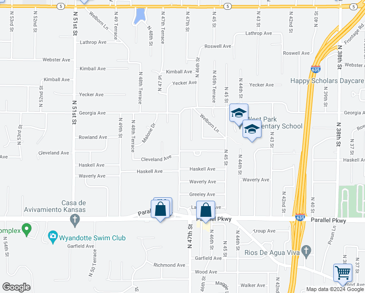 map of restaurants, bars, coffee shops, grocery stores, and more near 2507 North 47th Street in Kansas City