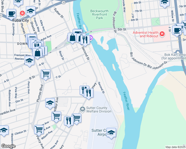 map of restaurants, bars, coffee shops, grocery stores, and more near 352 Second Street in Yuba City