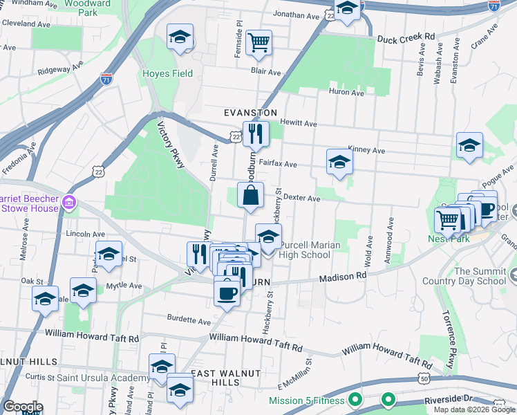 map of restaurants, bars, coffee shops, grocery stores, and more near 1620 Neilson Place in Cincinnati