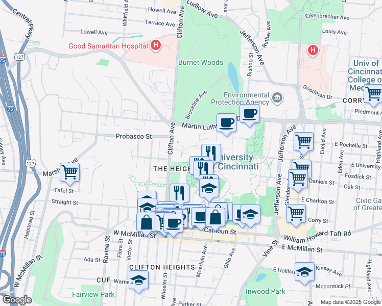 map of restaurants, bars, coffee shops, grocery stores, and more near 342 Clifton Court in Cincinnati