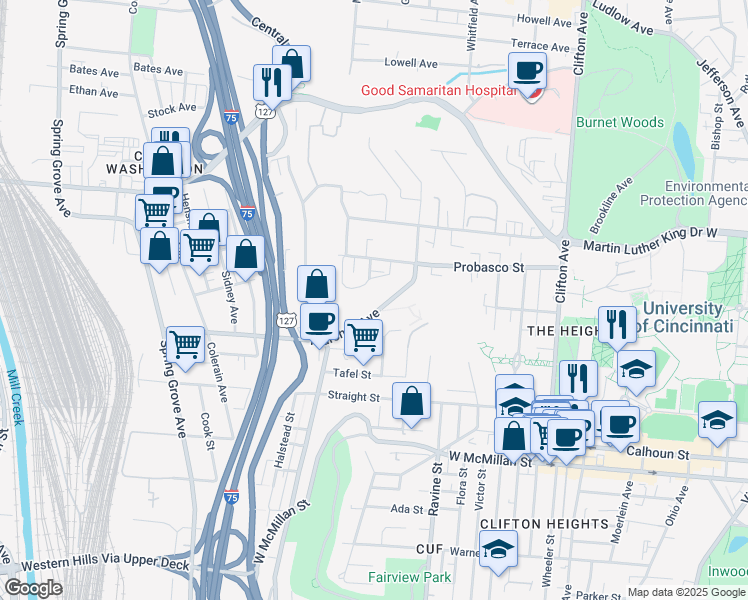 map of restaurants, bars, coffee shops, grocery stores, and more near 2863 Marshall Avenue in Cincinnati